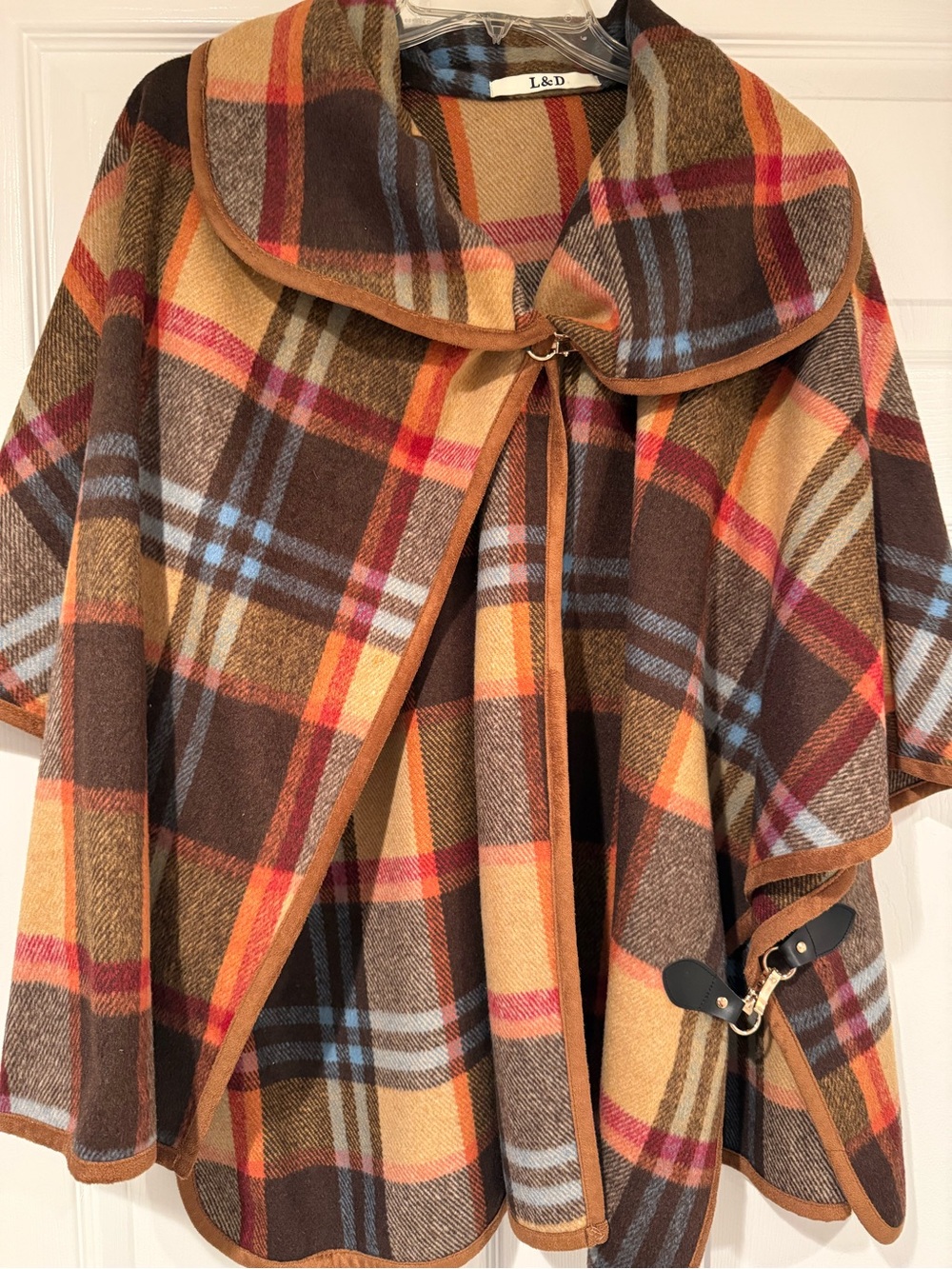 Brown Plaid Cape Coat with Contrast Trim